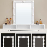 Schminktisch mit LED-Beleuchtung, Helligkeit einstellbar, mit Spiegel, zwei Schubladen und drei offenen Fächern, modern, weiß