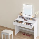 Schminktisch mit LED-Beleuchtung, Helligkeit einstellbar, mit Spiegel, zwei Schubladen und drei offenen Fächern, modern, weiß