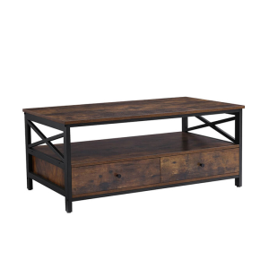 Rustiek houten salontafel met zwart metalen frame, 2 lades en opbergruimte onder het blad, afm. 100 x 55 x 47 cm