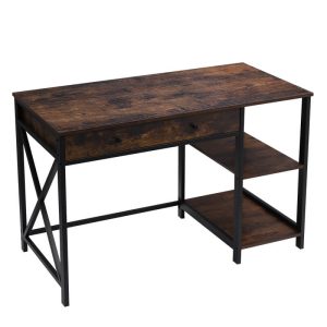 Rustiek houten bureau met zwart metalen frame, 1 lade en 2 legplanken, afm. 115 x 60 x 76 cm