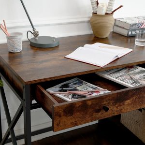 Rustiek houten bureau met zwart metalen frame, 1 lade en 2 legplanken, afm. 115 x 60 x 76 cm
